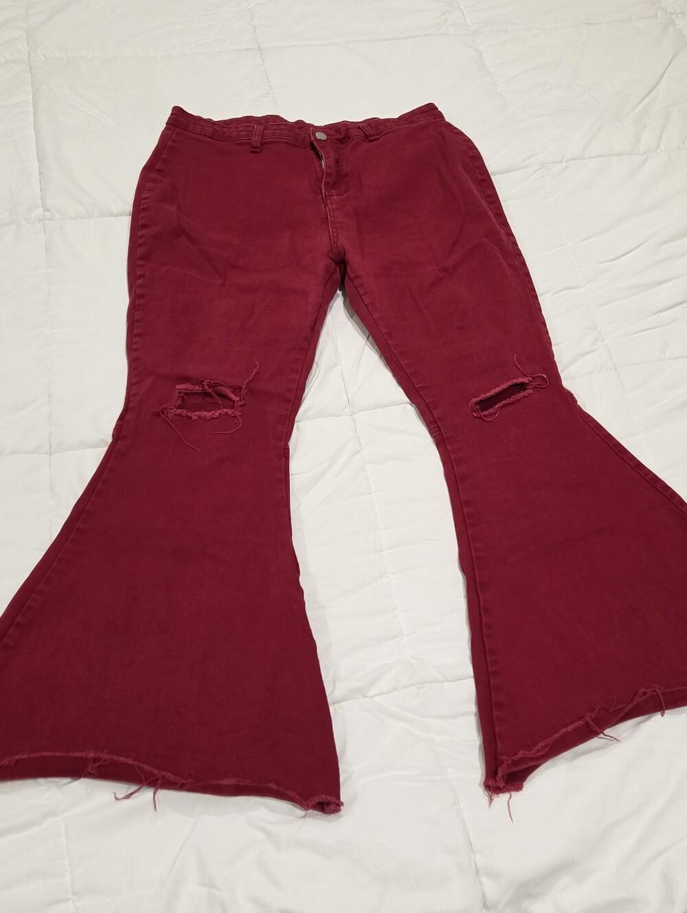 Extreme Bell Bottom Flare Jeans Burgundy Red 2XL Distressed Knee